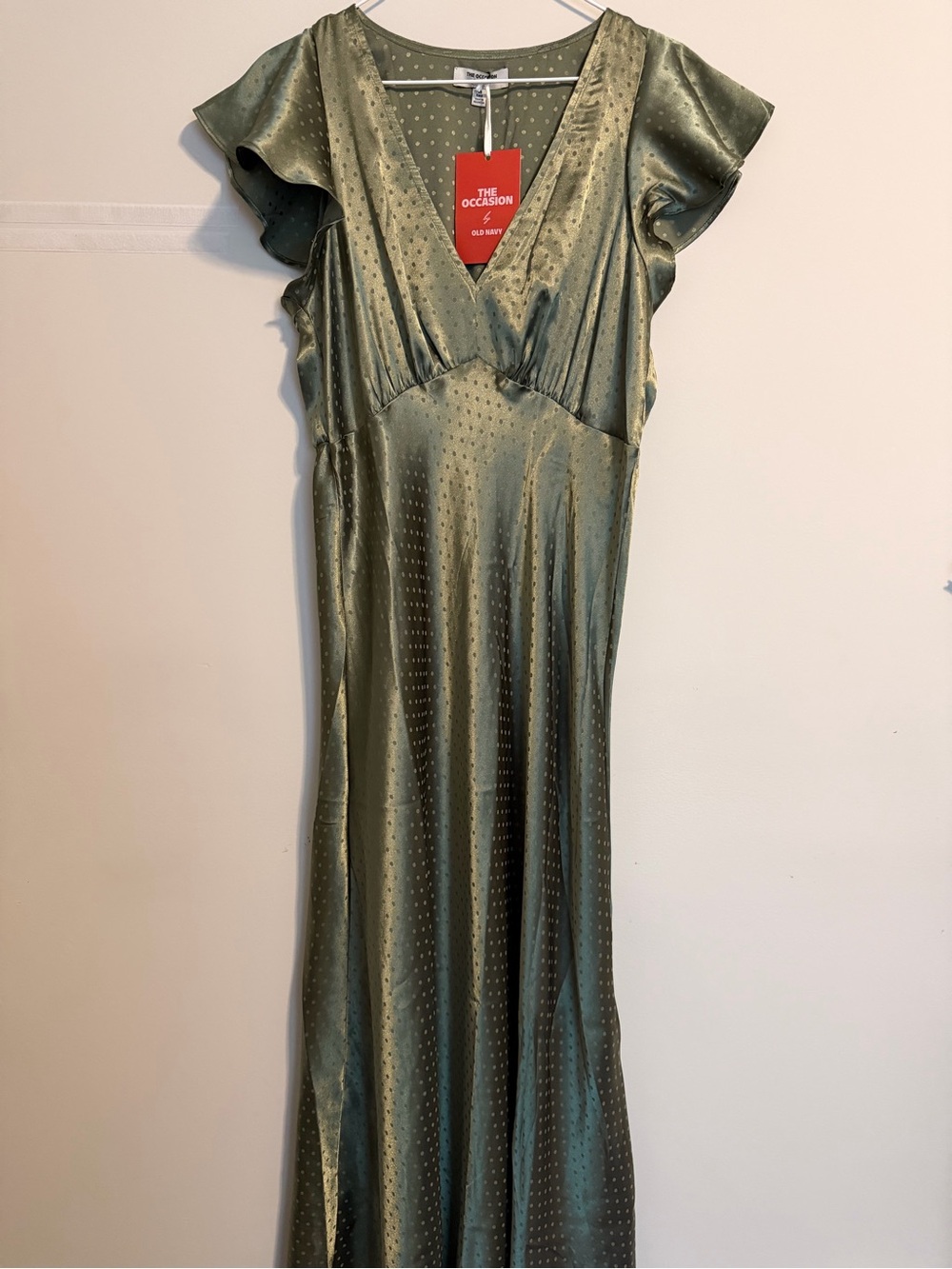 Occasion Olive Satin V-Neck Maxi with Flutter Sleeves